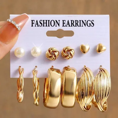 6 Pairs Chunky Golden Hoop Earrings Set